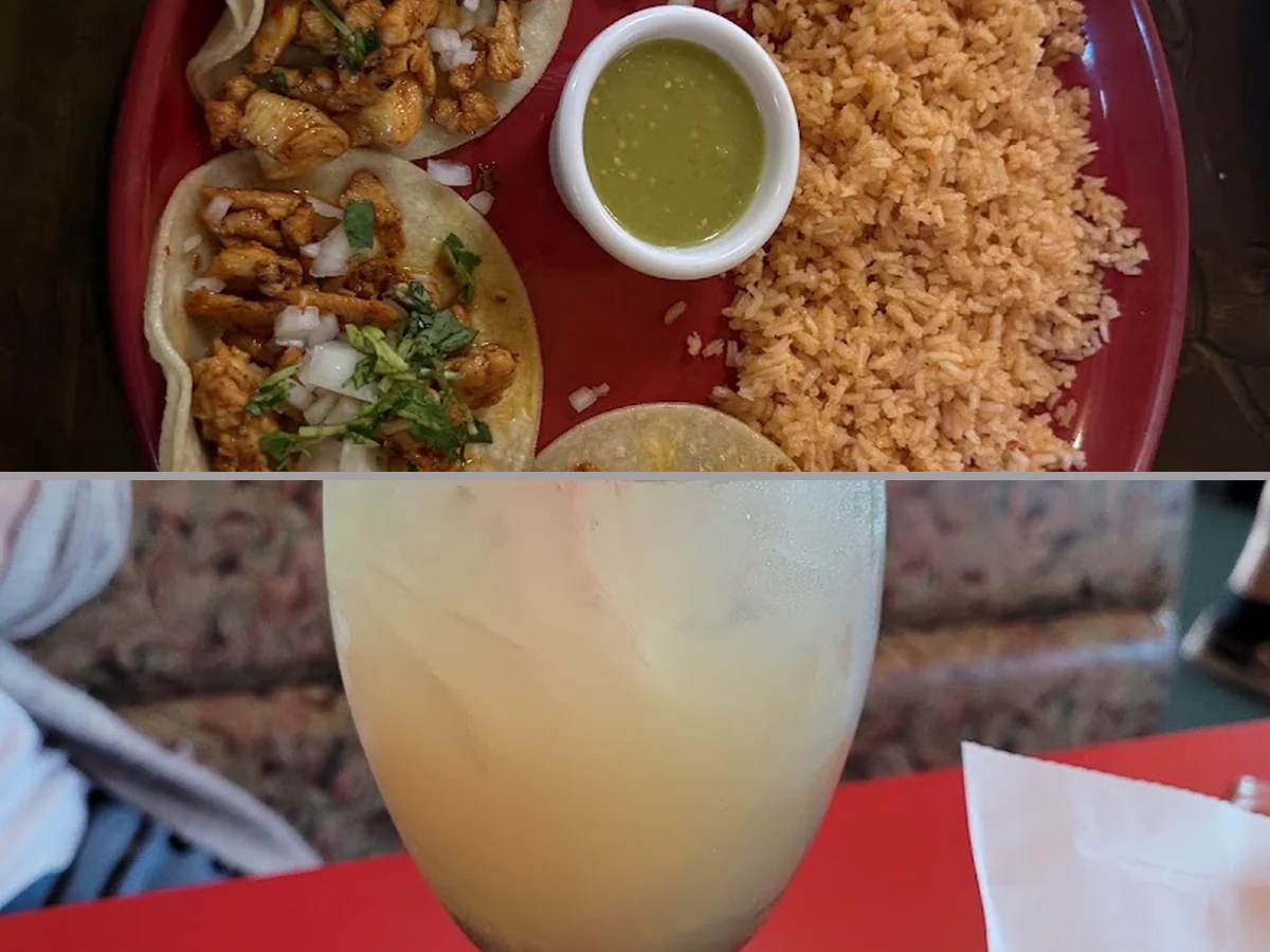 Colorful salsa and chips beside Mexican entrées.