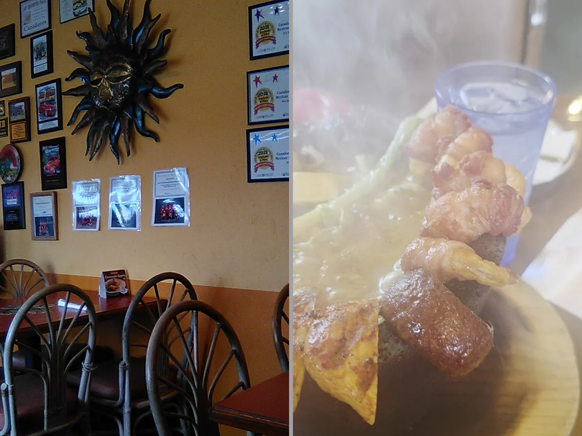 Colorful salsa and chips beside Mexican entrées.